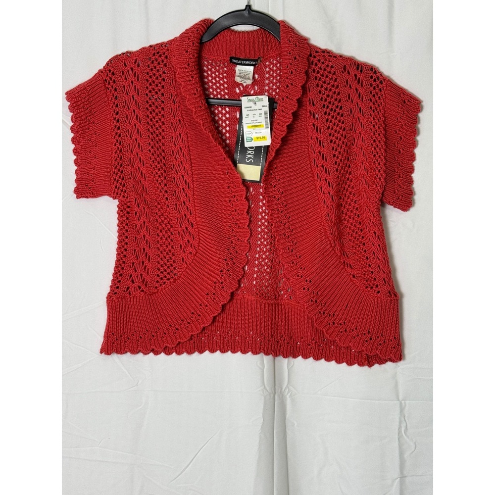 Sweaterworks Women deep‎ coral Crochet Knit Open Front Cardigan Shrug  Small